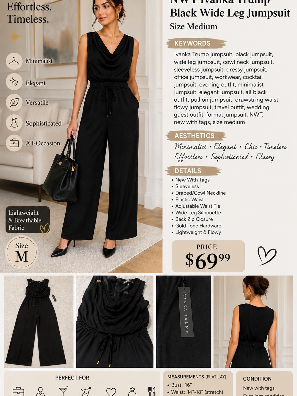Ivanka Trump Black Cowl-Neck Wide-Leg Jumpsuit